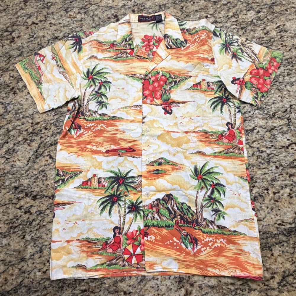 Vintage Himalaya Mens Hawaiian Shirt Large Cotton Hula Tropical Sunset Orange